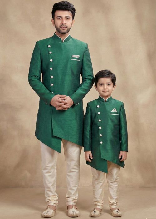 Green Indo Western Sherwani Father Son Set
