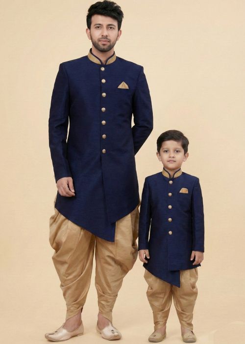 Navy Blue Dhoti With Sherwani Father Son Set
