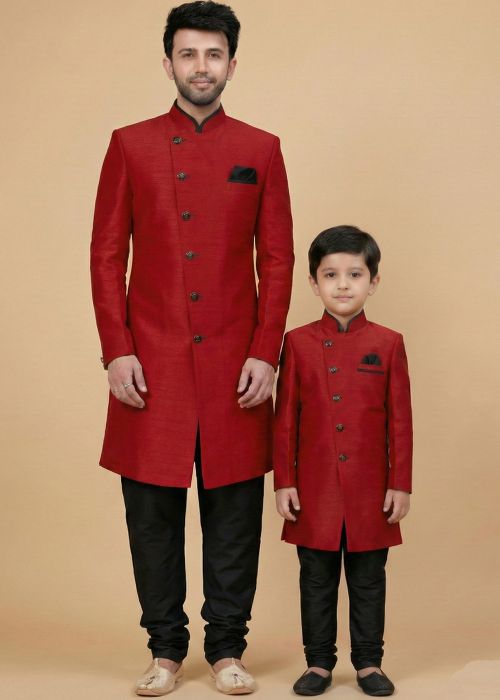 Red Indo Western Sherwani Father Son Combo