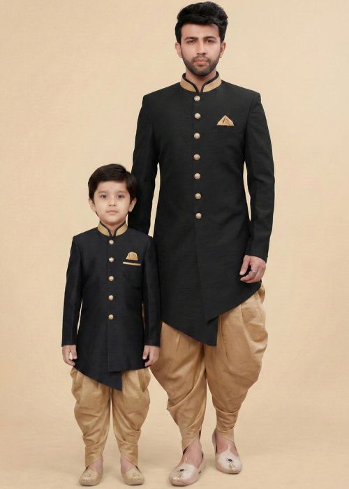 Black Sherwani With Dhoti Father Son Matching Set