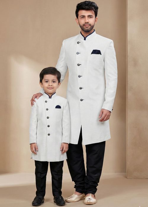 White Indo Western Sherwani Father Son Combo Set