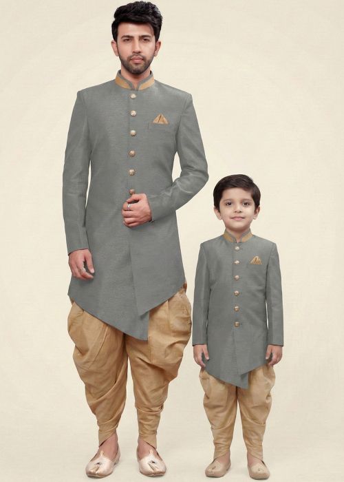 Grey Dhoti Sherwani Father Son Combo Set