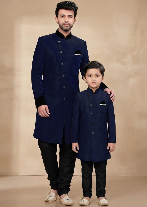 Navy Blue Indo Western Sherwani Father Son Combo