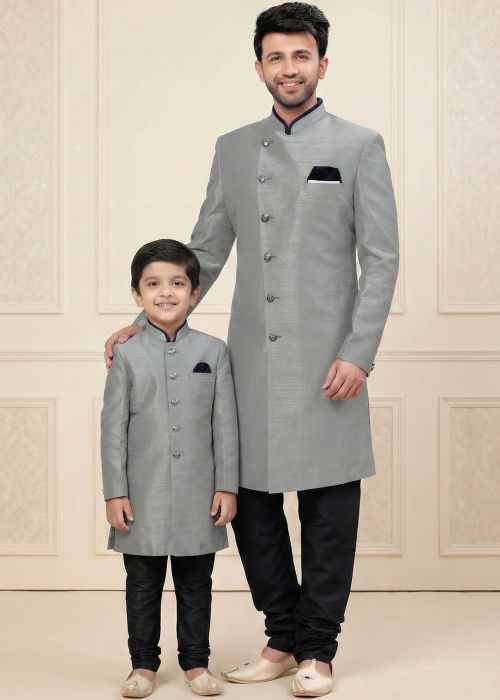 Light Grey Indo Western Sherwani Father Son Set