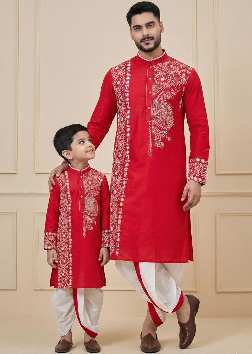 Red Father Son Dhoti Kurta Combo Set