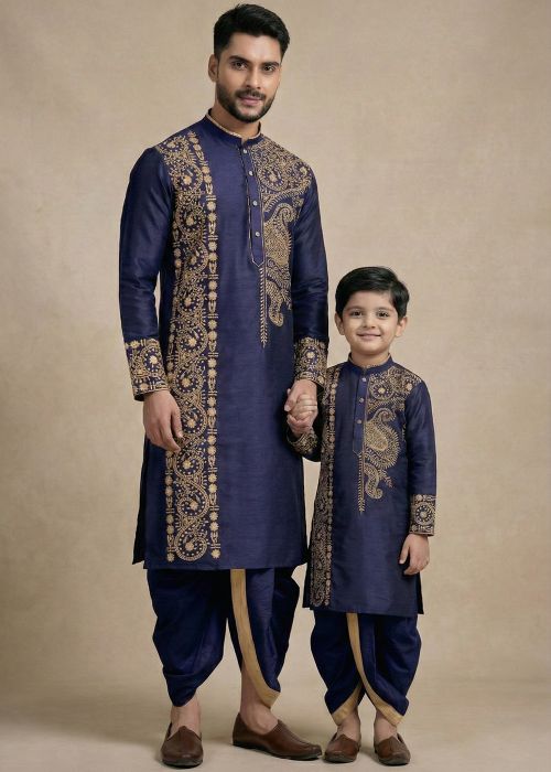 Navy Blue Embroidered Father Son Combo Set