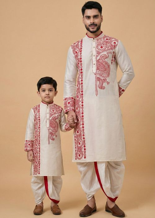White Father Son Combo Set With Thread Work