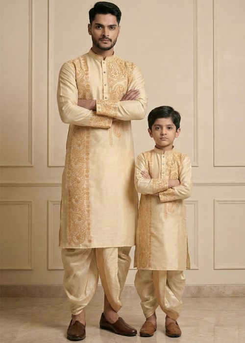 Golden Embroidered Father Son Combo Set