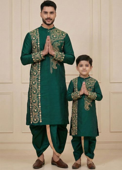 Green Father Son Embroidered Combo Set