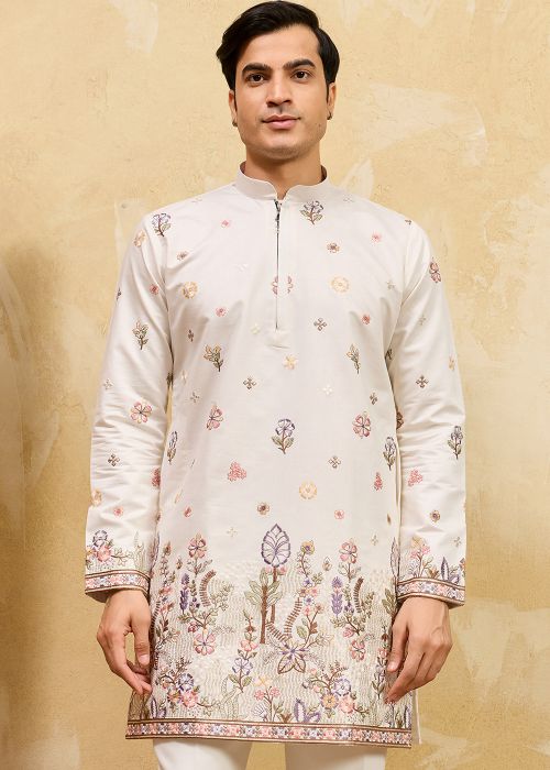 White Viscose Kurta With Pastel Embroidery