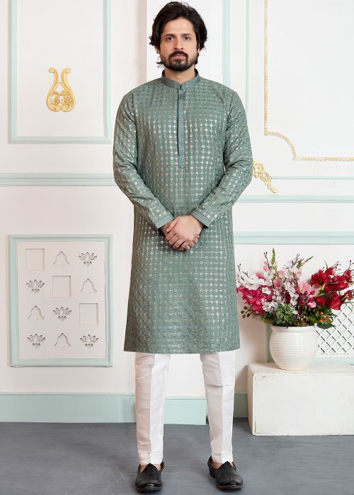Sage Green Kurta Pajama With Sequins Work