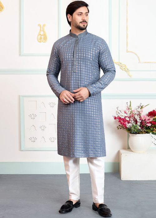 Steel Grey Kurta Pajama With Sequin Accents