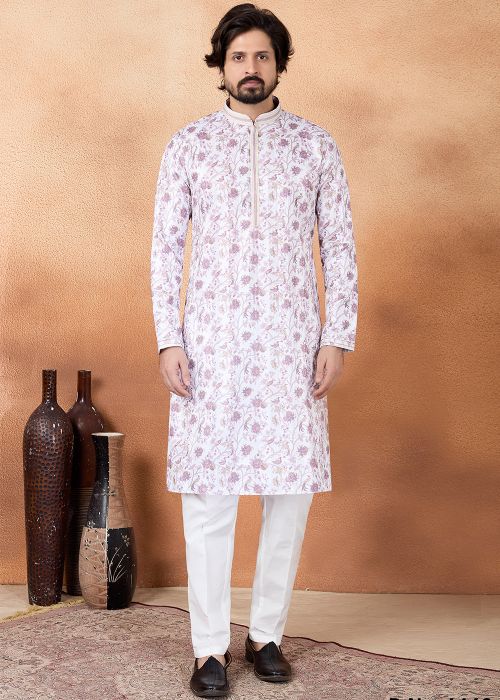 Off White Art Silk Kurta Pajama With Floral Motifs