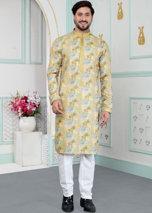Mustard Yellow Art Silk Kurta Pajama With Floral Print