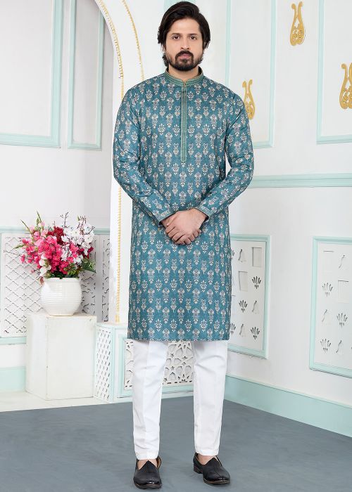 Teal Green Art Silk Kurta Pajama With Digital Print