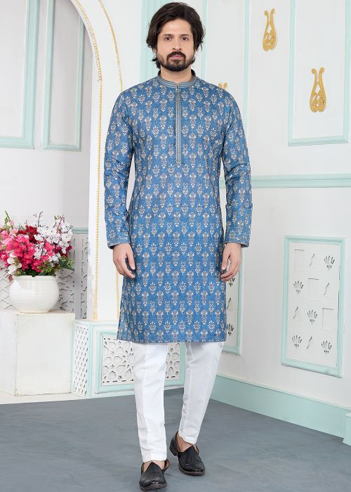 Royal Blue Art Silk Printed Kurta Pajama