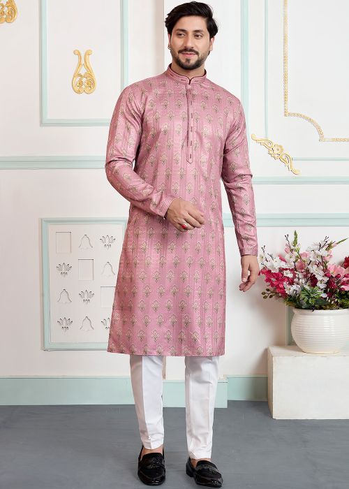 Dusty Pink Art Silk Kurta Pajama With Printed Motifs