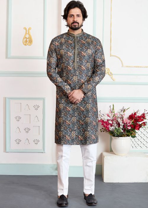 Charcoal Grey Art Silk Kurta Pajama With Digital Print
