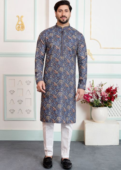 Navy Blue Art Silk Kurta Pajama With Digital Print