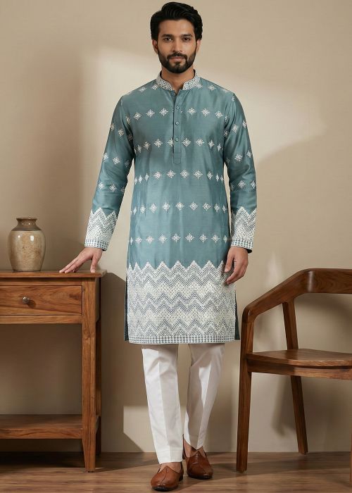 Blue Satin Kurta Pajama With Embroidery