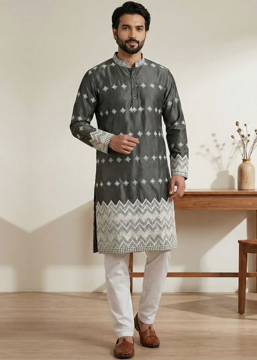 Black Satin Kurta Pajama With Thread Work