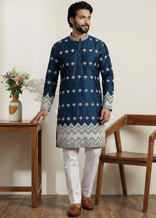 Navy Blue Satin Kurta Pajama With Thread Accents