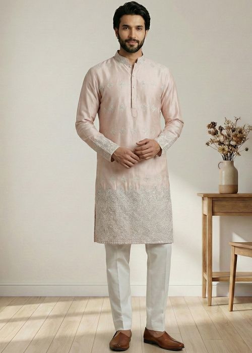 Peach Satin Kurta Pajama With Subtle Work