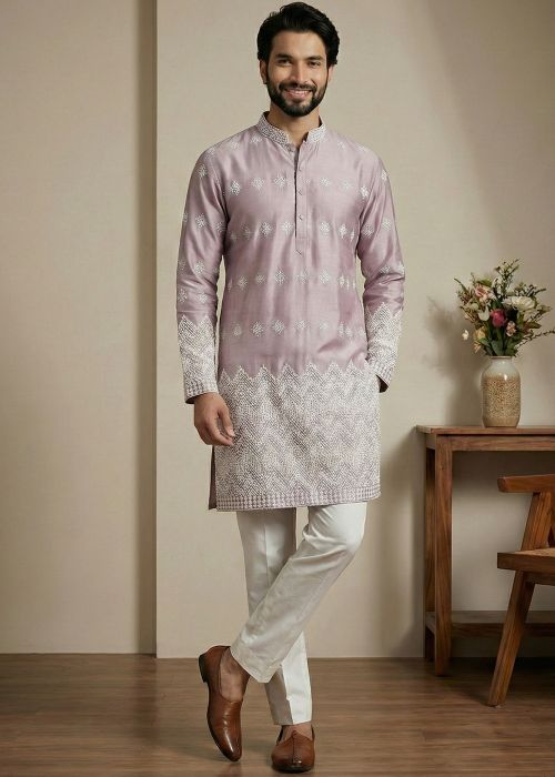 Pastel Pink Satin Kurta Pajama With Embroidery