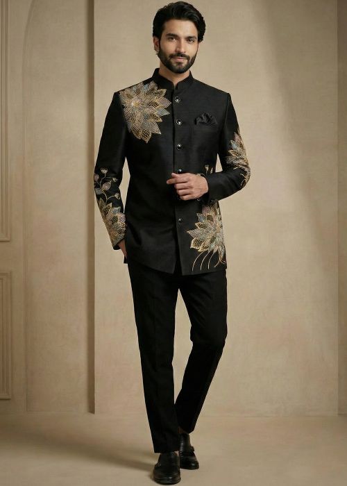 Black Satin Bandhgala Jodhpuri Suit With Floral Work