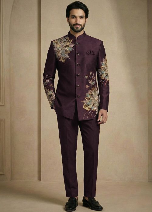 Wine Satin Bandhgala Jodhpuri Suit With Embroidery