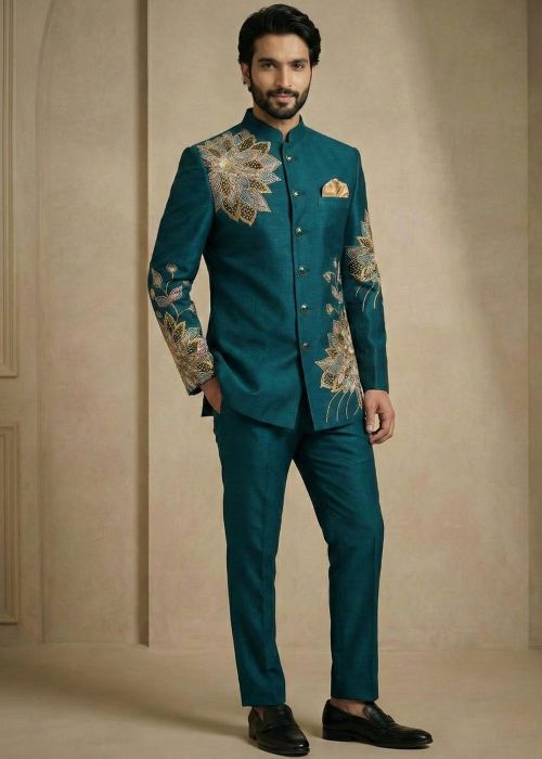 Teal Blue Satin Bandhgala Jodhpuri Suit With Floral Motifs