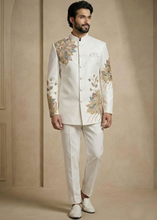 White Satin Bandhgala Jodhpuri Suit With Embellishment