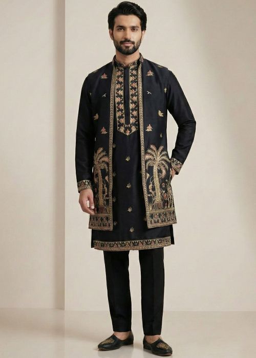 Black Satin Kurta Pant With Thread Work Jacket