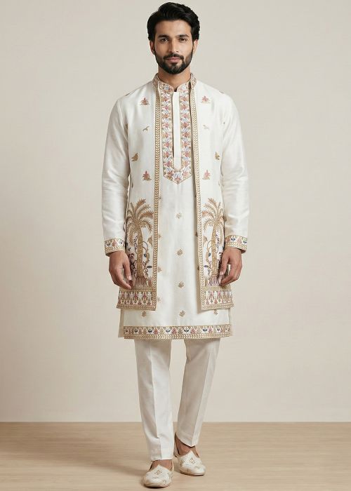 White Satin Kurta Pant With Embroidery Jacket