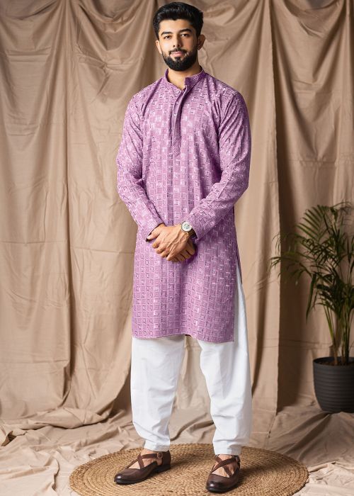 Purple Viscose Pathani Suit With Sequins Work