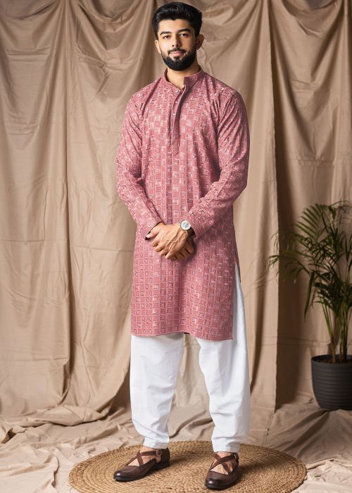 Pink Viscose Pathani Suit With Thread Embroidery