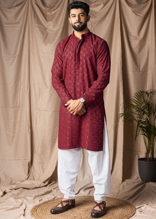 Maroon Viscose Pathani Suit With Thread Accent