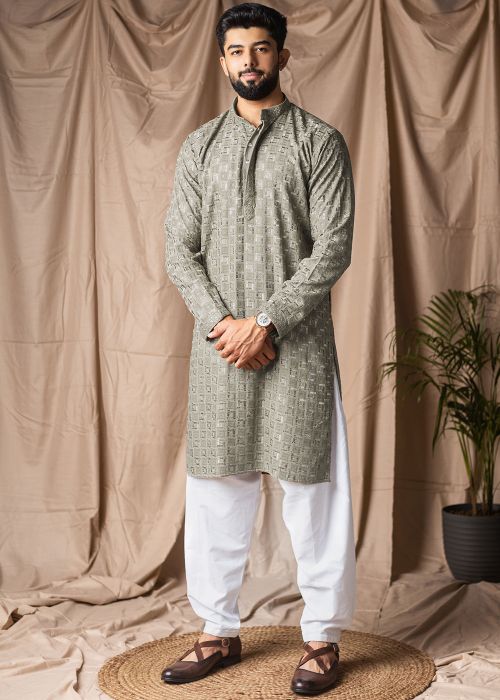 Grey Viscose Pathani Suit With Subtle Sequin