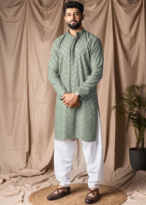 Green Viscose Pathani Suit With Sequin Highlights