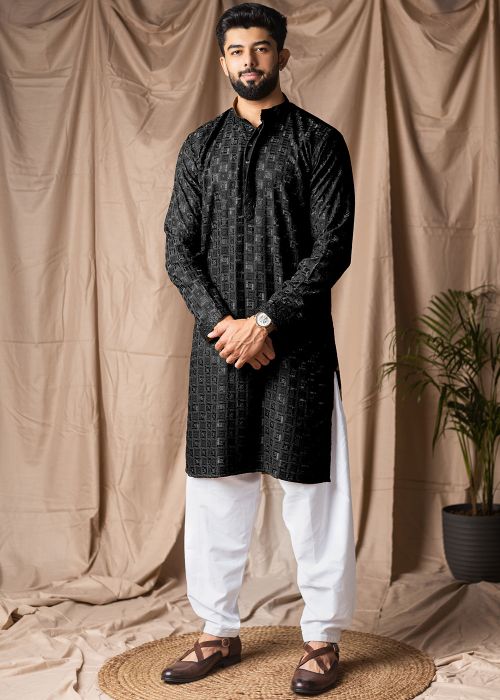 Black Viscose Pathani Suit With Sequin Detail