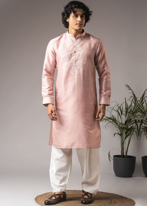 Blush Pink Viscose Pathani Suit With Woven Work