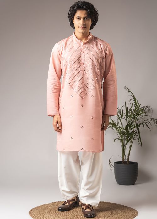Peach Embroidered Pathani Suit In Art Silk