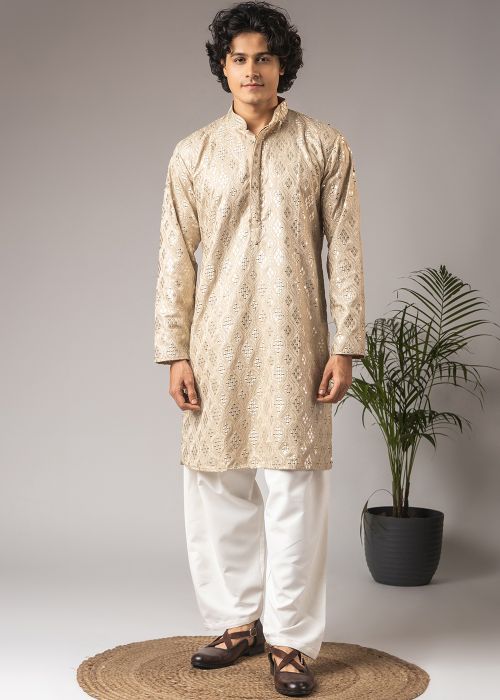 Beige Embridered Pathani Suit With Subtle Shine