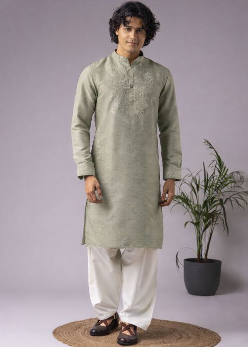 Sage Green Viscose Woven Pathani Suit