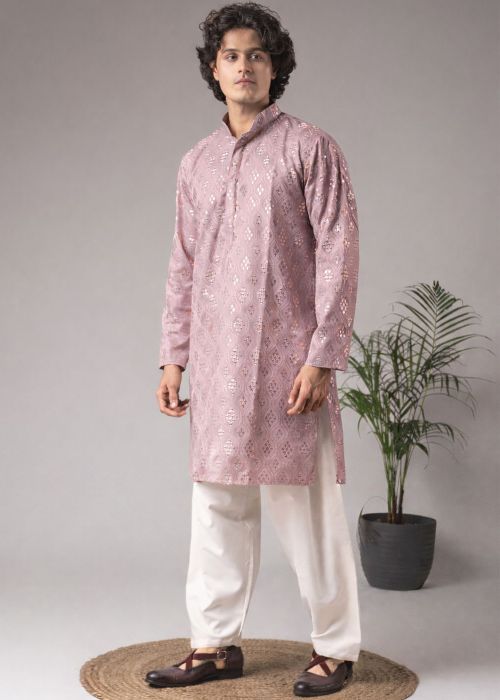 Dusty Rose Pink Woven Pathani Suit Set