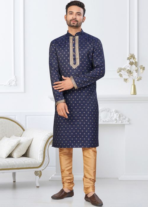 Navy Blue Art Silk Kurta Pajama With Gold Woven Motif