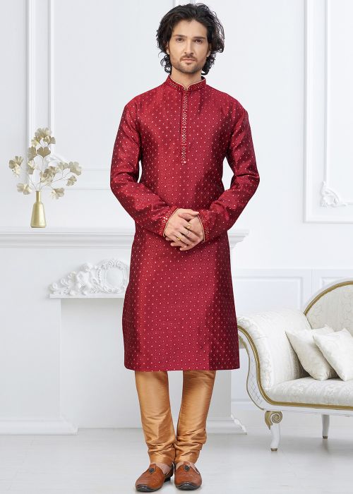 Maroon Art Silk Kurta Pajama With Subtle Woven Dots