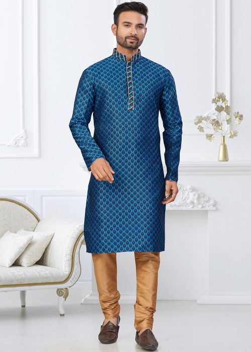 Teal Blue Art Silk Kurta Pajama With Geometric Weave