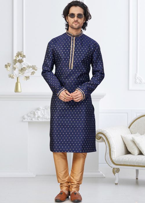 Navy Blue Kurta Pajama In Art Silk Woven Design