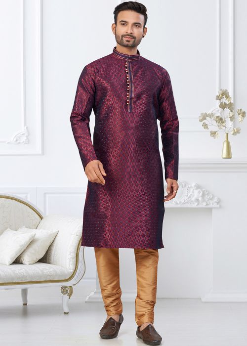 Wine Art Silk Kurta Pajama With Woven Pattern